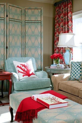 red and turquoise living room via twolia Turquoise + Red