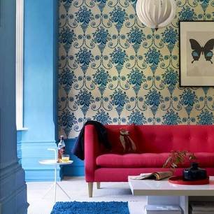 red sofa turquoise wallpaper via livingetc march 2009 Turquoise + Red